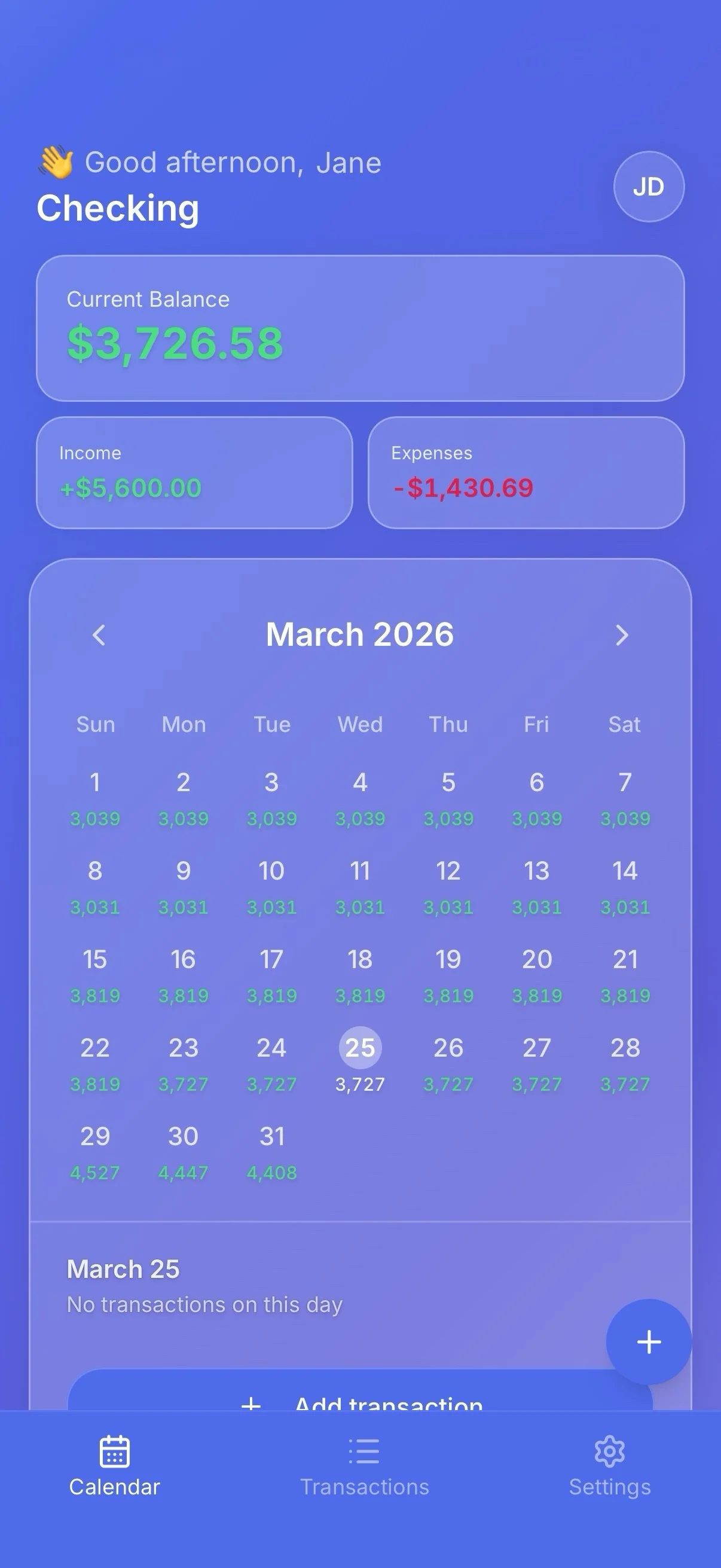 Budget Buddy calendar view